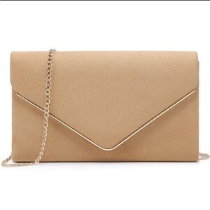 Cream suede clutch bag with gold chain strap and gold detailing